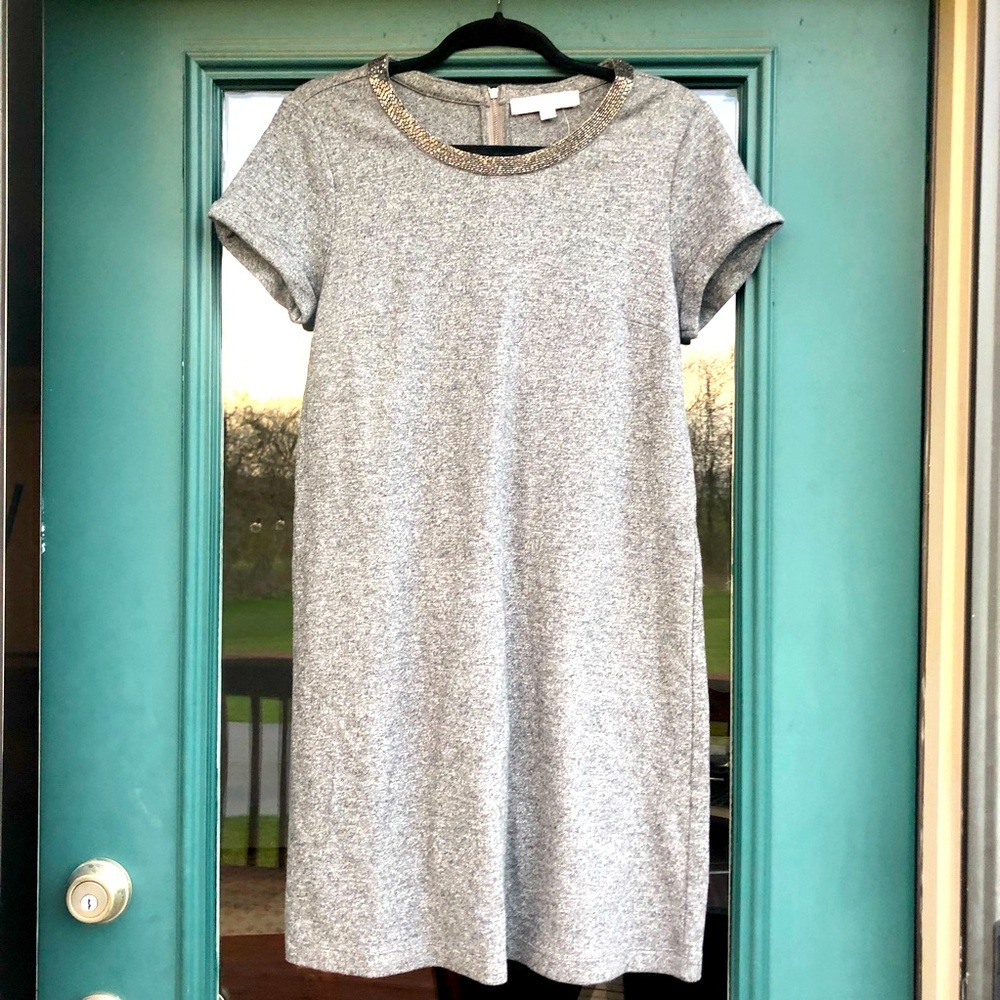The Loft Gray Short sleeve mini dress with beaded neckline size medium